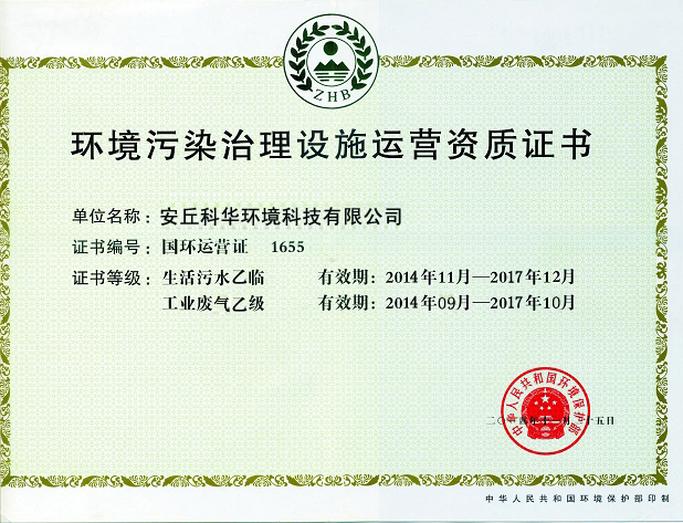 环境污染治理设施运营资质证书